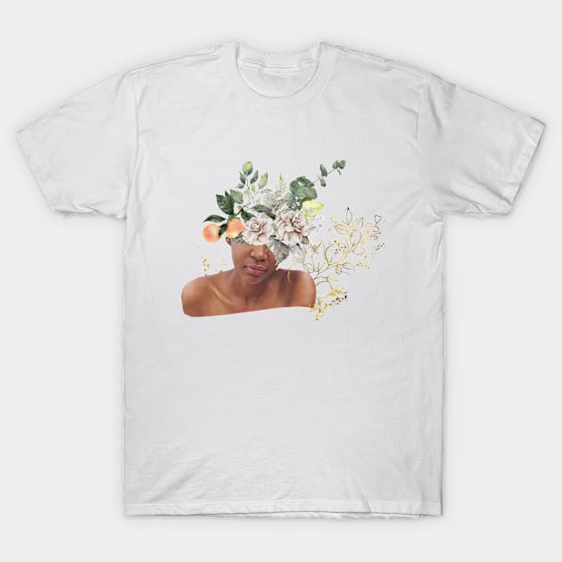 Floral Black Girl Bust with Gold Splatters T-Shirt by The Lily and The Lark